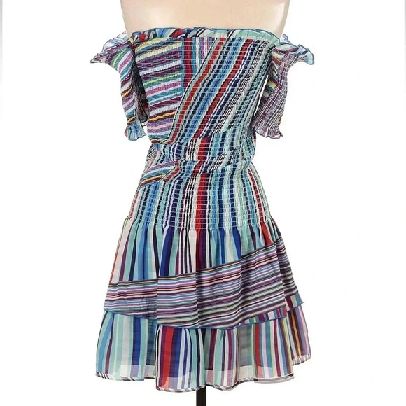 Parker Zizola Off-Shoulder Patchwork Mini Dress Blue Multi Stripe Size Small S - Picture 4 of 6